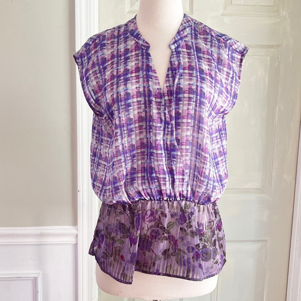 Cabi Blouse M Women Plaid Floral Sheer Peplum Purple Surplice Top 731 Watercolor